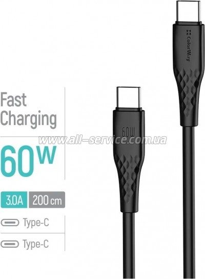 ���� ������ USB-C to USB-C 2.0m 3A 60W textured PVC black ColorWay (CW-CBPDCC095-BK)