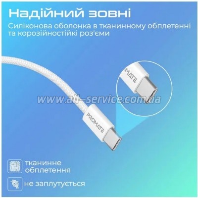 ���� ������ USB-C to USB-C 2.0m 60W PD EcoLine-CC200 white Promate (ecoline-cc200.white)