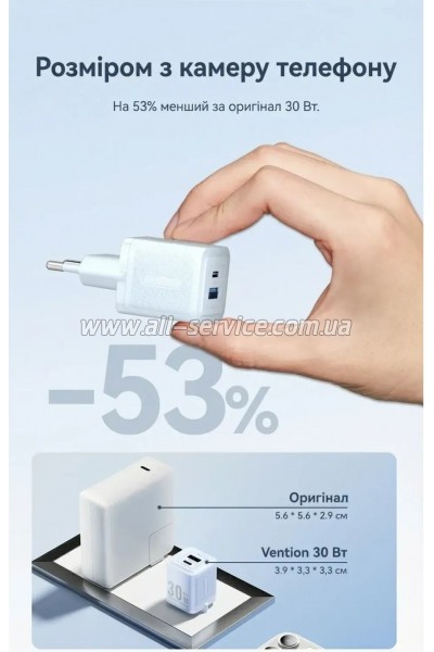 �������� ������� Vention 1xUSB-C PD30W + 1xUSB QC3.0 30W GaN white (FEQW0-EU)