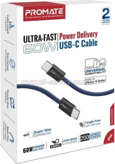 ���� ������ USB-C to USB-C 2.0m Promate (ecoline-cc200.navy)