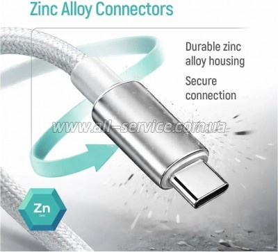 ���� ������ USB 2.0 AM to USB-C 2.0m 3A zinc alloy braided white ColorWay (CW-CBUC099-WT)