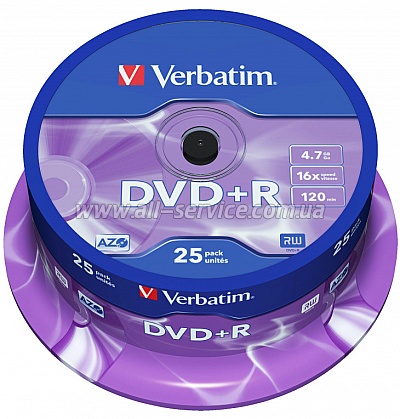  Verbatim DVD+R 4.7 GB/120 min 16x Cake Box 25 (43500) Silver