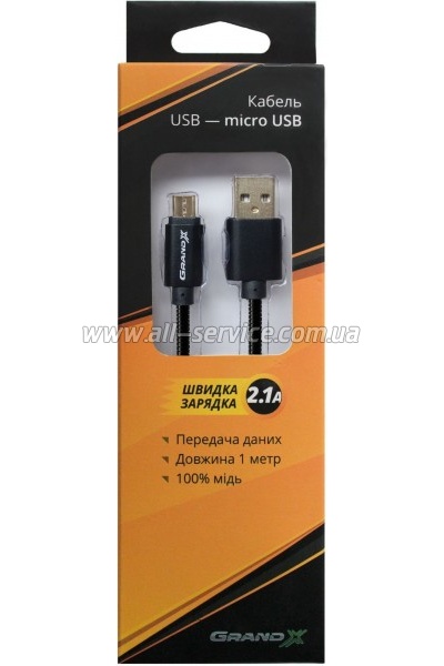 ���� ������ USB 2.0 AM to Micro 5P 1.0m Cu, 2.1A, Black Grand-X (MM-01B)