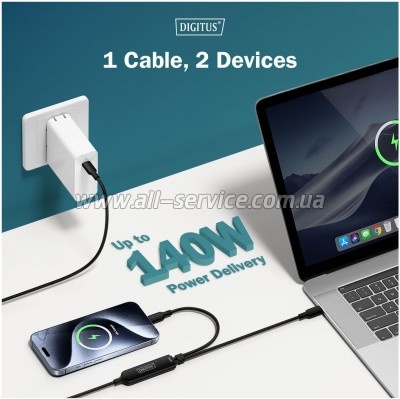 ���� ������ USB-C to 2xUSB-C 1.8m 140W black Digitus (AK-300170-018-S)