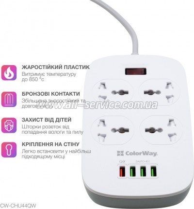 ������� ������ �olorWay 4 �������/ 4USB 1QC3.0 + 3 AUTO ID White 1.8M (CW-CHU44QW)