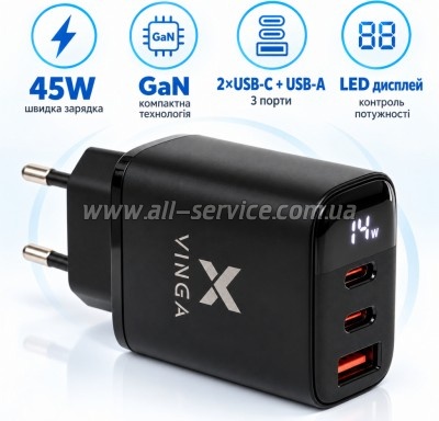 �������� ������� Vinga 2xUSB-C + USB-A Display 45W (VCR45ACCDB)