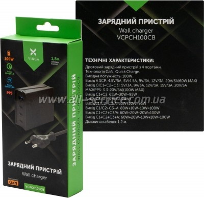 �������� ������� Vinga GaN 100W PD+QC 3C1A ports 1.2m (VCPCH100CB)