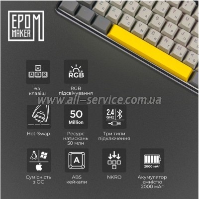  Epomaker EP64 60 Mulan Switch Hot-Swap RGB Wireless/Bluetooth/USB UA Black (EP64-B-M)