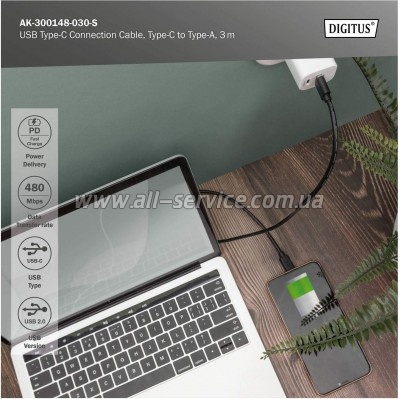 ���� ������ USB 2.0 AM to USB-C 3.0m black Digitus (AK-300148-030-S)