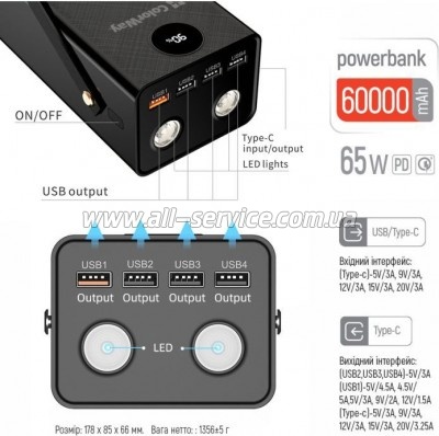   ColorWay 60000 mAh Powerful PD/ 65W, QC/ 4.0, AFC, FCP, Black (CW-PB600LPA5BK-PDD)