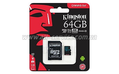   Kingston 64GB microSDXC C10 UHS-I U3 Canvas Go + adapter (SDCG2/64GB)