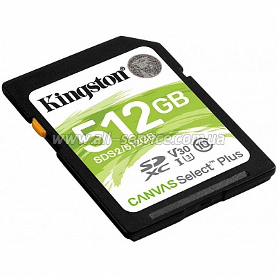   Kingston SDXC 512GB Canvas Select Plus Class 10 UHS-I U3 V30 (SDS2/512GB)