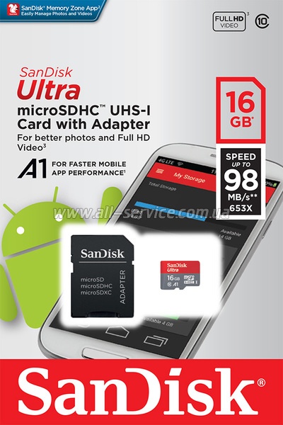   SANDISK microSDHC 16GB Ultra A1 C10 UHS-I 98MB/s+SD (SDSQUAR-016G-GN6MA)