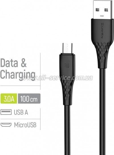 ���� ������ USB 2.0 AM to Micro 5P 1.0m 3A textured PVC black ColorWay (CW-CBUM094-BK)