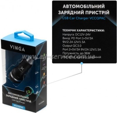   Vinga QC3.0 + PD Quick Car aluminium (VCCQPAC)
