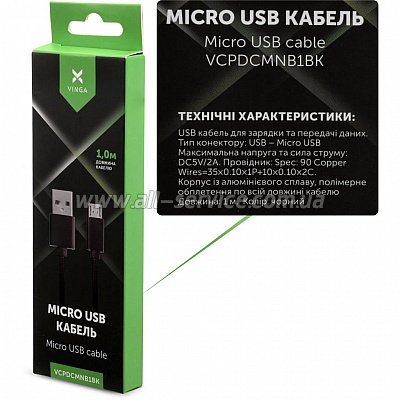   USB 2.0 AM to Micro 5P 1m nylon black Vinga (VCPDCMNB1BK)
