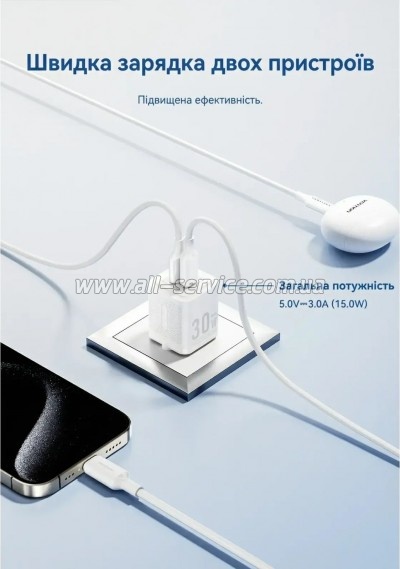 �������� ������� Vention 1xUSB-C PD30W + 1xUSB QC3.0 30W GaN + cable USB-C to USB-C 1.0m white (TZ-FEQW0-EU-01)