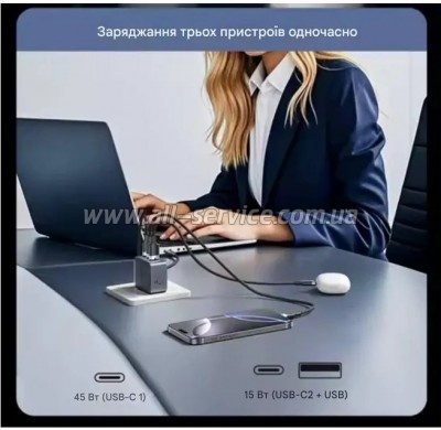 �������� ������� Vention 1xUSB-C PD70W + 1xUSB QC3.0 22.5W GaN + cable USB-C to USB-C 1.0m 5A gray (TZ-FCGH0-EU)