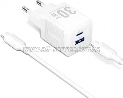 �������� ������� Vention 1xUSB-C PD30W + 1xUSB QC3.0 30W GaN + cable USB-C to USB-C 1.0m white (TZ-FEQW0-EU-01)