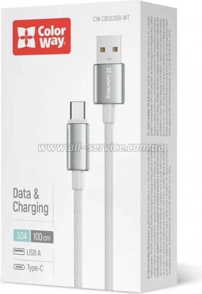 ���� ������ USB 2.0 AM to USB-C 1.0m 3A zinc alloy braided white ColorWay (CW-CBUC098-WT)