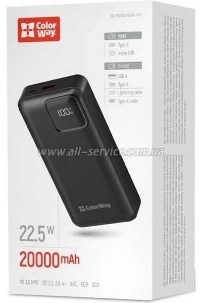 ������� ������������� ColorWay 20000mAh Optimal Power PD 22.5W Black (CW-PB200LPB5BK-PDD)