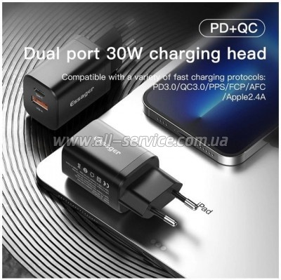 �������� ������� Essager 1xUSB + 1xUSB-C PD 30W black (ECTPQS-ZTB01)