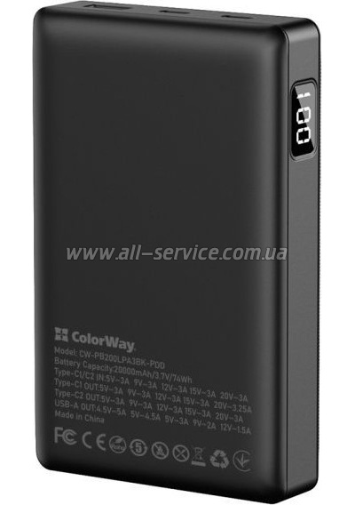   ColorWay 20 000 mAh PD/65W, QC/3.0, black (CW-PB200LPA3BK-PDD)
