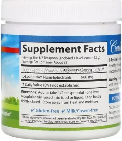  Carlson L-  , L-Lysine, Amino Acid Powder, 100  (CAR-06885)