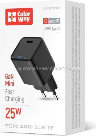 �������� ������� ColorWay GaN Mini 25W PD Port PPS USB-C black (CW-CHS052PD-BK)