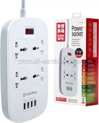 ������� ������ �olorWay 4 �������/ 4USB 1QC3.0 + 3 AUTO ID White 1.8M (CW-CHU44QW)