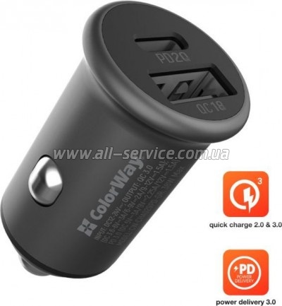  ColorWay 2USB Car QC3.0 Gray (CW-CHA029PD-GR)