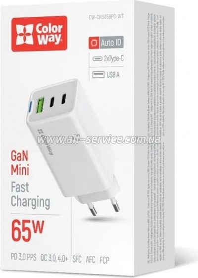 �������� ���������� ColorWay GaN Mini 65W PD Port PPS USB (USB-2C1A) white (CW-CHS058PD-WT)