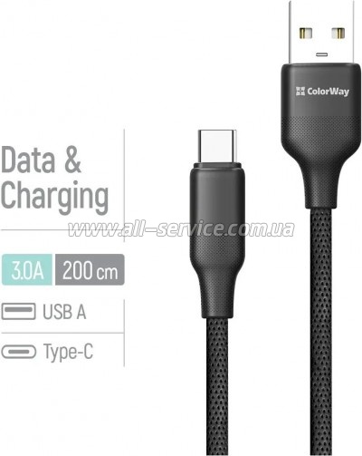 ���� ������ USB 2.0 AM to USB-C 2.0m 3A TPE embossed black ColorWay (CW-CBUC102-BK)
