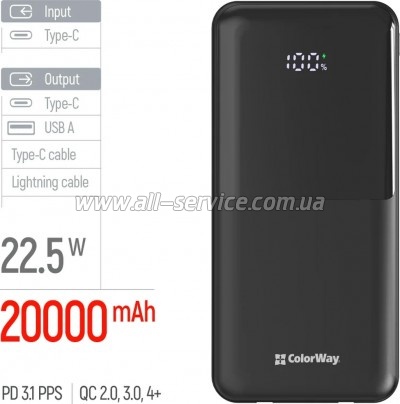 ������� ������������� ColorWay 20000mAh DigiPower PD 22.5W Black (CW-PB200LP01BK)