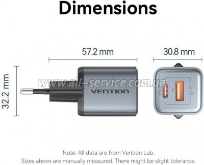 �������� ������� Vention 1xUSB-C PD30W + 1xUSB QC3.0 18W GaN gray (FEWH0-EU)