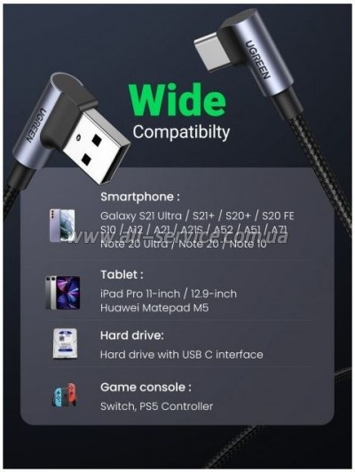 ���� ������ USB 2.0 AM to Type-C 1.0m US176 Both Angled 3A Black Ugreen (20856)
