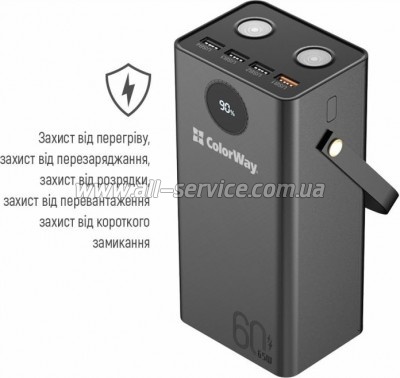   ColorWay 60000 mAh Powerful PD/ 65W, QC/ 4.0, AFC, FCP, Black (CW-PB600LPA5BK-PDD)