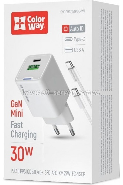 �������� ������� ColorWay GaN Mini 30W PD (CW-CHS053PDC-WT)