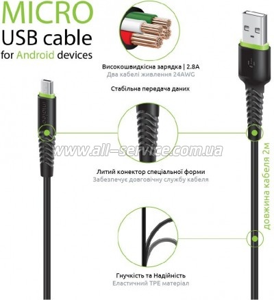 ���� ������ USB 2.0 AM to Micro 5P 2.0m CBFLEXM2 black Intaleo (1283126521430)