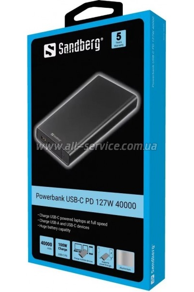   Sandberg 40000mAh, PD/100W+27W, QC/3.0, power-through (420-63)