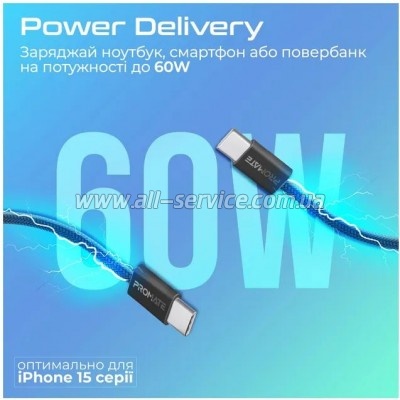 ���� ������ USB-C to USB-C 2.0m 60W PD EcoLine-CC200 black Promate (ecoline-cc200.black)
