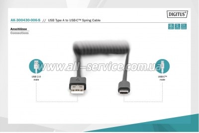 ���� ������ USB 2.0 AM to USB-C 1.0m spiral black Digitus (AK-300430-006-S)