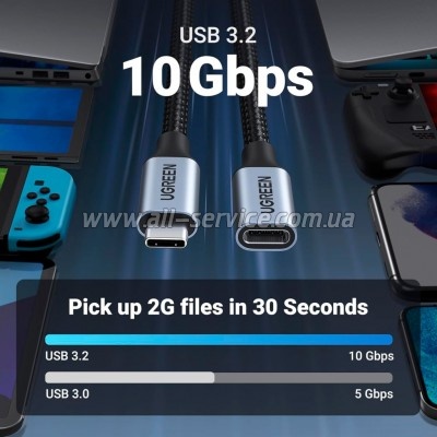 ���� ������ Ugreen USB-C M/F 1.0m 5A 10Gbps USB 3.1 black (30205)