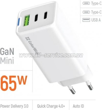 �������� ���������� ColorWay GaN Mini 65W PD Port PPS USB (USB-2C1A) white (CW-CHS058PD-WT)