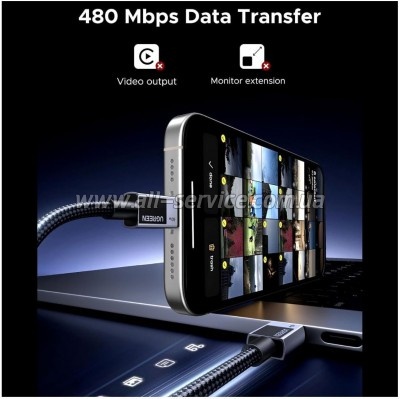 ���� ������ USB-C to USB-C 2.0m PD60W 3A braided L524 gray Ugreen (55775)