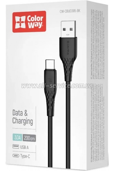 ���� ������ USB 2.0 AM to USB-C 2.0m 3A textured PVC black ColorWay (CW-CBUC095-BK)