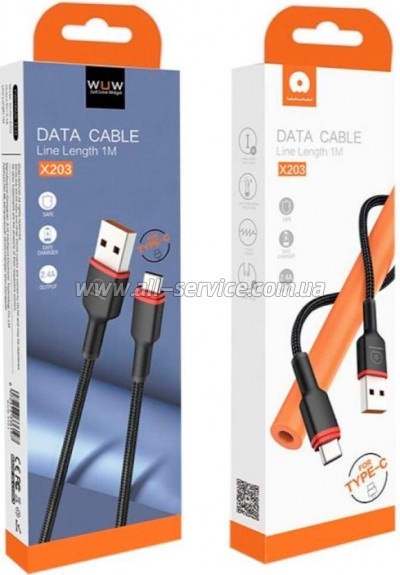 ���� ������ USB 2.0 AM to USB-C 1.0m 2.4A X203 black WUW (6972573336203)