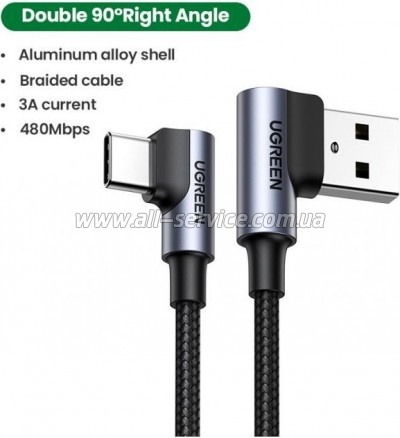 ���� ������ USB 2.0 AM to Type-C 1.0m US176 Both Angled 3A Black Ugreen (20856)