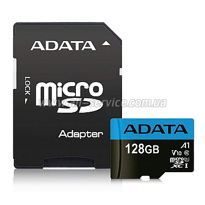   128GB ADATA microSDXC C10 UHS-I A1 + SD  (AUSDX128GUICL10A1-RA1)