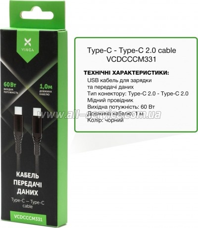 ���� ������ Vinga USB-C to USB-C 1.0m 60W Nylon (VCDCCCM331)